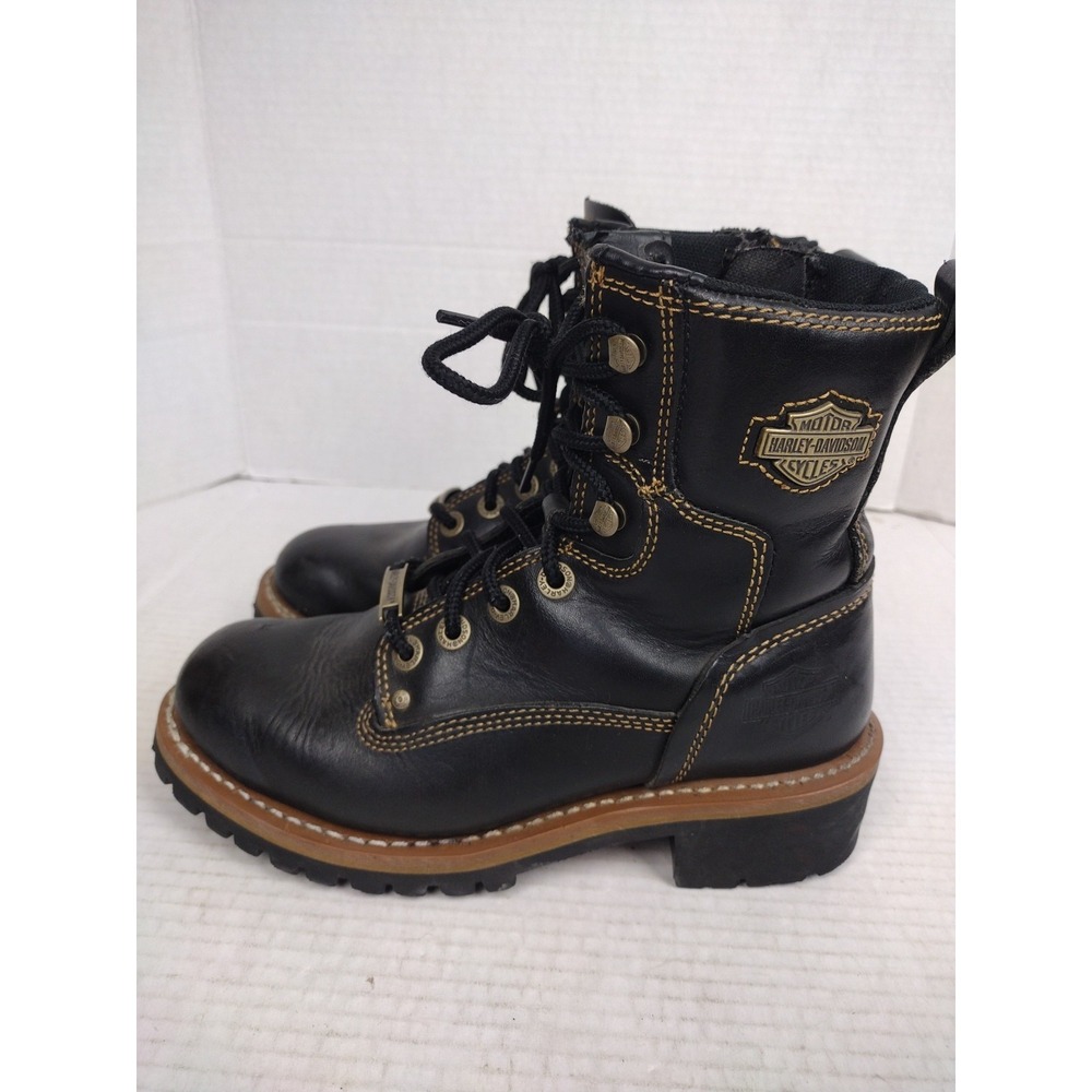Harley Davidson Leather Riding Work Boots Womens 6.5 Black Moto Ankle Hook Zip - Picture 4 of 9